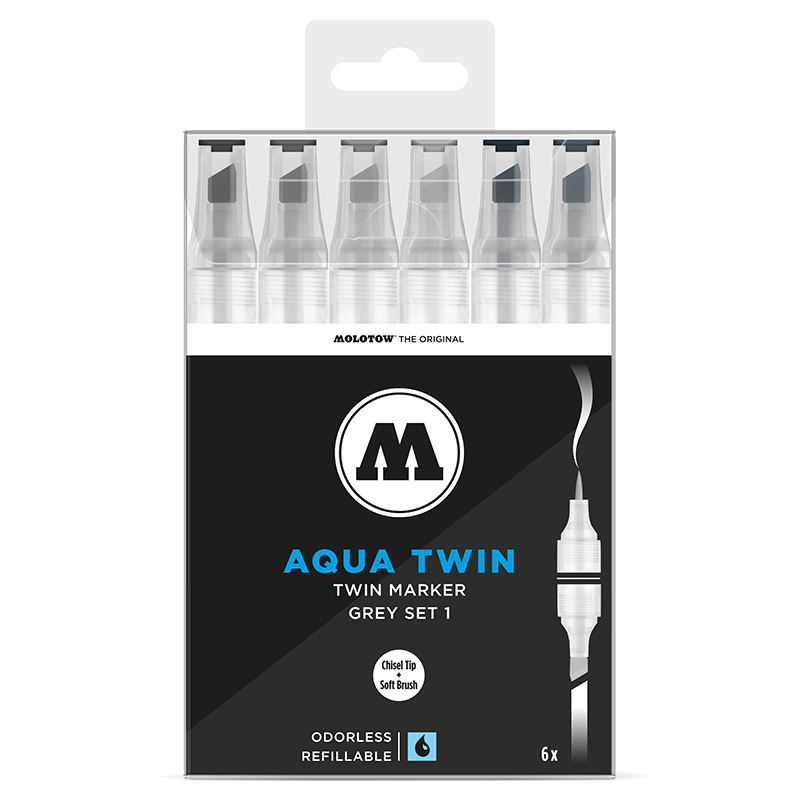 AQUA TWIN 1mm brush / 2-6mm chisel 6x - Grey-Set 1 - Clear Box